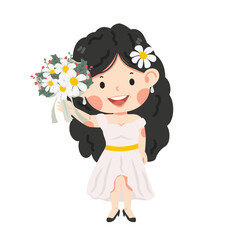 Cute girl wears white wedding dress