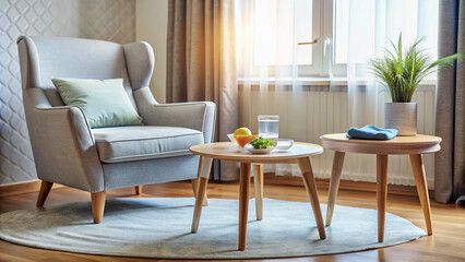 A stylish living room setting with a vacant chair and dropped ice pack beside a refreshment table, hinting at a pregnant guest's brief exit.