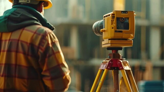 Surveyor using a laser level to ensure precise measurements for a construction project.