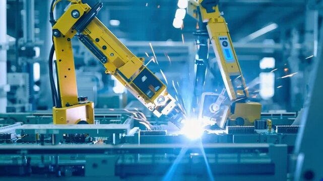 Smart industry yellow robot arms working for factory production technology showcast automation manufacturing process of the Industry.
