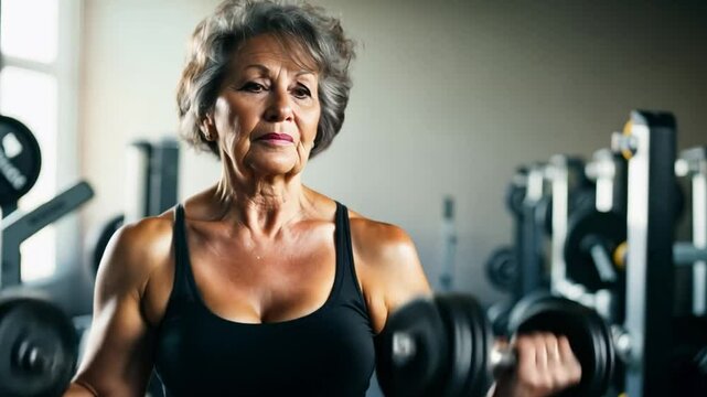 Portrait of athletic happy woman is making set of reps exercise for biceps with dumbbells in hands in gym. She is lifting dumbbells. Training and sport