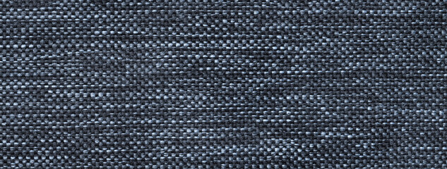 Texture dark gray background from woven textile with wicker pattern, macro. Vintage navy blue fabric