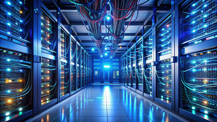 Obraz premium High-tech data center with rows of humming servers, flashing lights, and tangled cables, representing modern data management and advanced technology infrastructure.