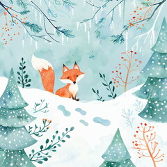A red fox sits on a snowy hill, a winter forest scene. watercolour cute and cozy illustration for xmas and happy new year postcard, banner, poster, winter season background, children's book