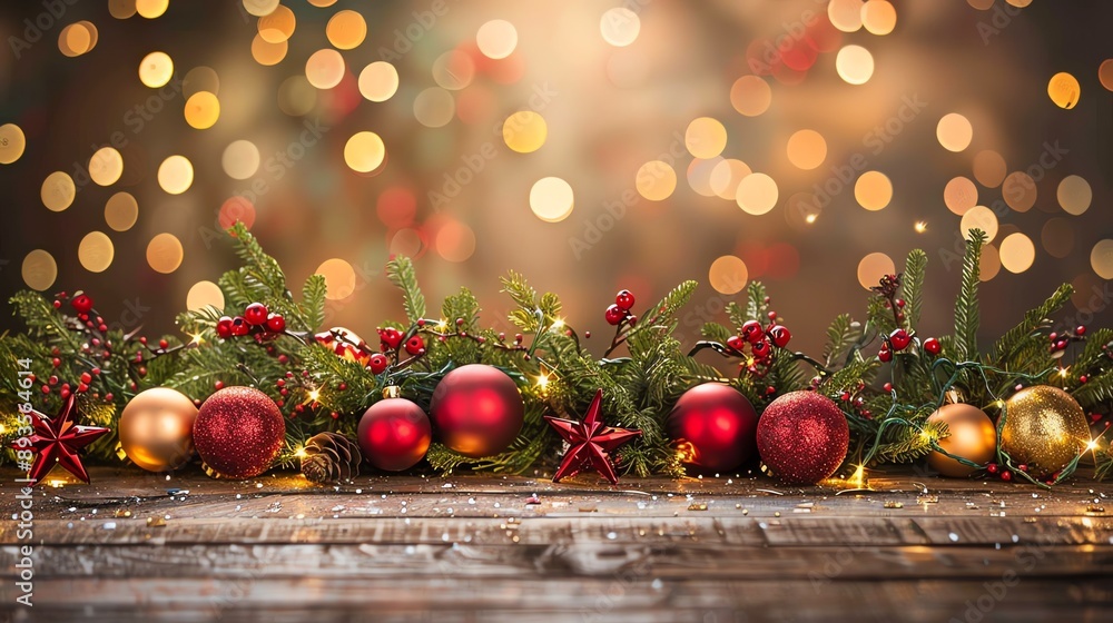 Poster christmas ornaments, pine branches, and string lights on a rustic wood table with a bokeh background