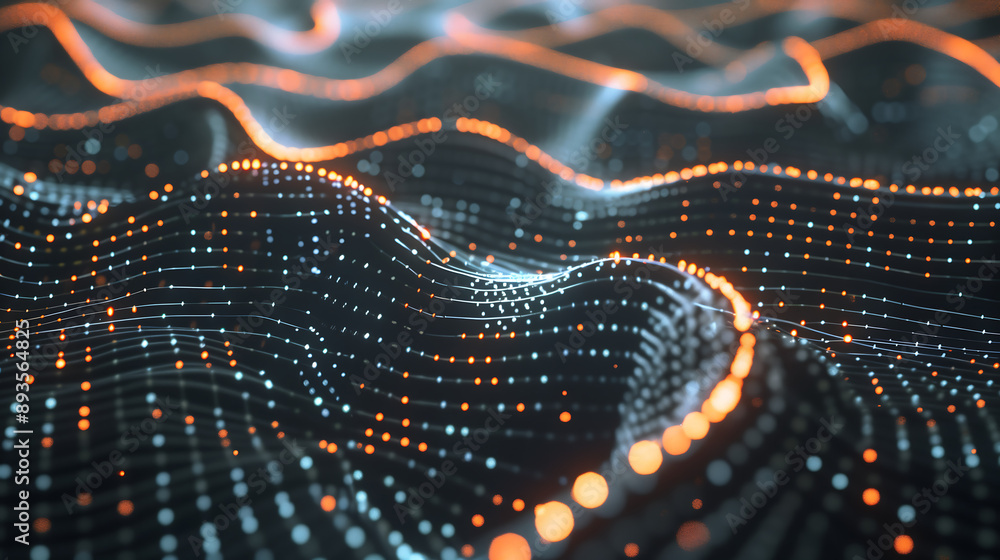 Poster abstract digital background with orange and blue glowing dots forming waves of data flow elegant tec