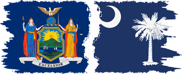 South Carolina and New York states grunge brush flags connection, vector