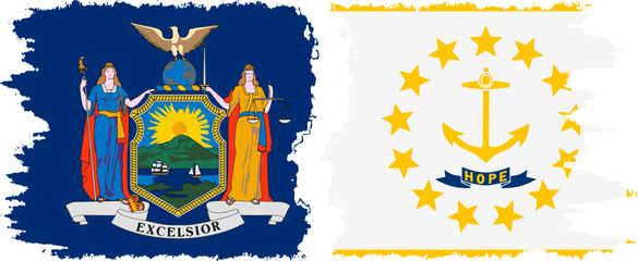 Rhode Island and New York states grunge brush flags connection, vector