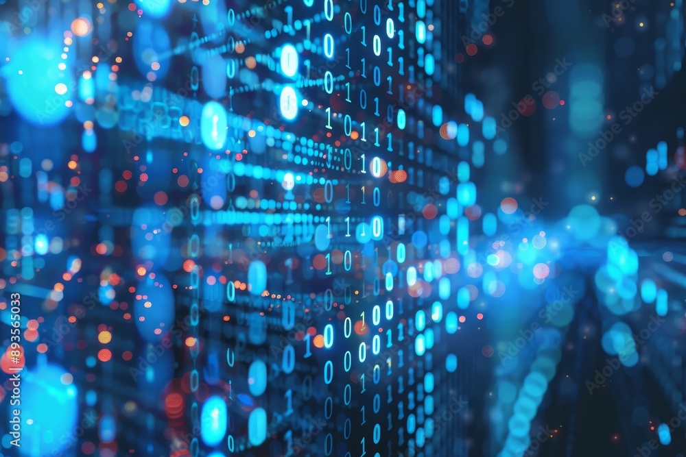 Poster data in blue digital binary on a computer screen