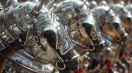 Close-up of knights in shining armor, horses standing proudly, faces reflecting honor and tradition, richly detailed, natural lighting, immersive realism