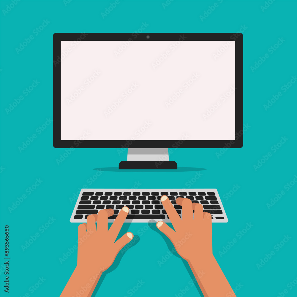 Poster Human hands working on computer keyboard in a flat design