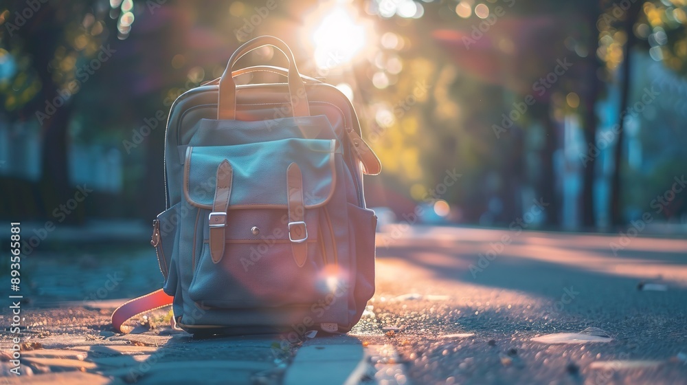 Canvas Prints Back to school concept, only bag close up on street with sunlight.