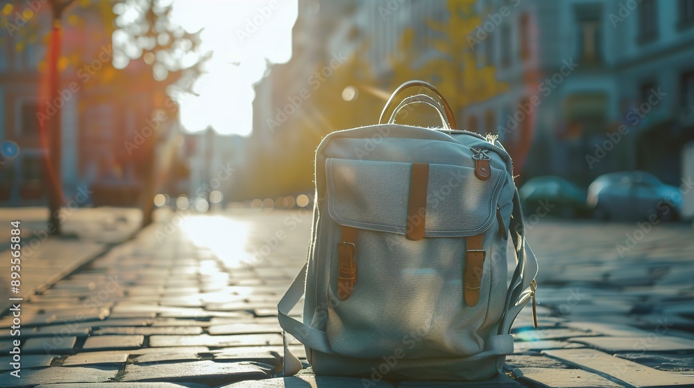 Canvas Prints Back to school concept, only bag close up on street with sunlight.