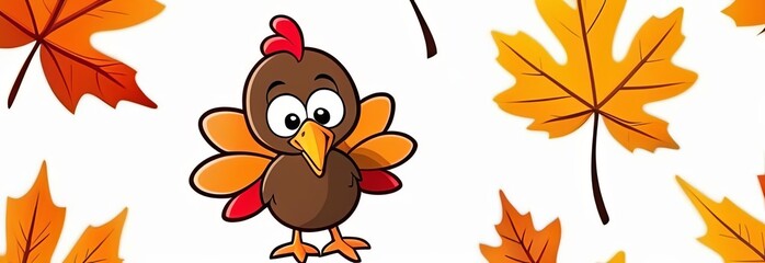 Obraz premium Cute Cartoon Turkey Bird. Happy thanksgiving day. Banner, poster or greeting card design. With pumpkins and falling leaves 