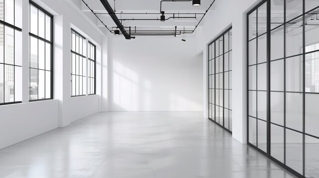 White room. white vacant building floor with black window frames and glass partition wall . A vacant tenant space for small office, schools restaurants.