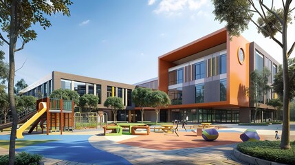 Modern Public School Playground: Exterior View of Contemporary Educational Facility