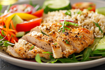 Healthy fitness meal, a plate of salad with lemon, cherry tomatoes and salad on the side. healthy eating concept,