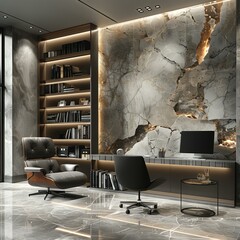 Modern Office Interior with Stone Wall and Bookshelf