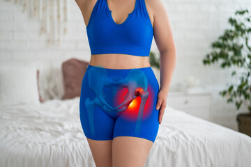 Hip dysplasia, joint inflammation, woman suffering from pain at home, pelvic osteoarthritis