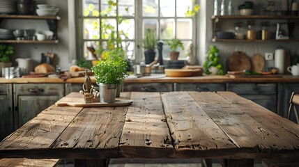 Rustic Farmhouse Kitchen Table with Weathered Wooden Surface and Cozy Decor Accents