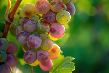 A close-up grape in shades of green, pink, and purple, covered in dew droplets, set against a vibrant green background