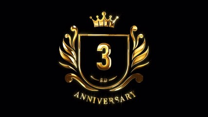 3rd Anniversary Celebration. Happy 3 Years Anniversary Animation in Gold Color on the Transparent Background, Alpha Channel. Great for greetings, celebrations, events, and gifts.