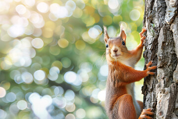A curious squirrel clinging to the side of a tree trunk with a blurred bokeh background of greenery