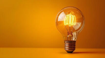Glowing vintage Edison light bulb, pale yellow background, soft illumination, minimalist composition, retro-inspired, clear glass, visible filament, idea concept, energy efficiency.