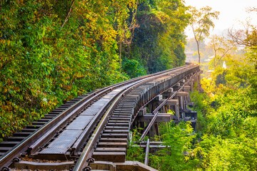 Fototapeta premium The Death Railway crossing kwai river in Kanchanaburi Thailand. Important landmark and destination to visiting and world war II history builted