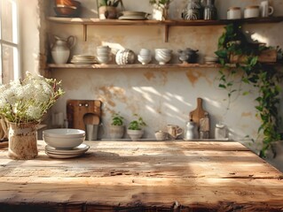 Rustic Wooden Farmhouse Kitchen Table with Natural Finish and Cozy Display of Kitchenware