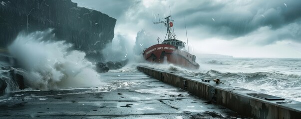 Fishing boat rocking violently at dock during hurricane.