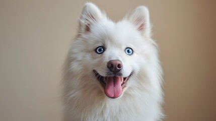 Smiling Samoyed dog portrait, light beige background, fluffy white fur, bright blue eyes, pink tongue out, cheerful expression, studio photography, soft lighting.