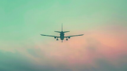 Obraz premium An airplane speeds towards a vacation destination, outlined against a dusk sky of pastel mint and blush, offering a hint of the tropical paradise ahead.
