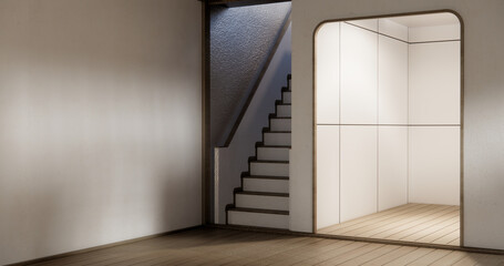 Stairs wooden in modern room with white wall with wood wall design.