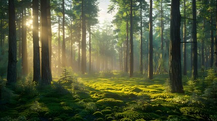 Fototapeta premium Sunlit pine forest, tall straight tree trunks, lush green moss carpet, dappled sunlight, soft ethereal glow, mist, depth, peaceful woodland scene, golden hour.