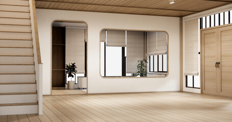 Stairs wooden in modern room with white wall with wood wall design.
