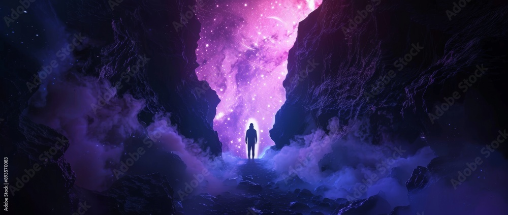 Poster abstract modern background with a large object in the center and a space background. scene with neon