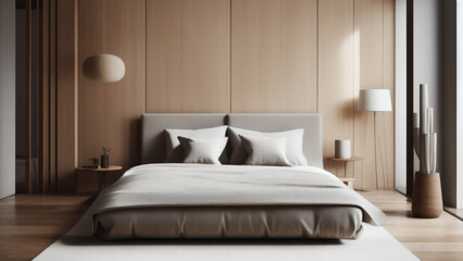 Modern Bedroom Interior with Wooden Walls and Platform Bed