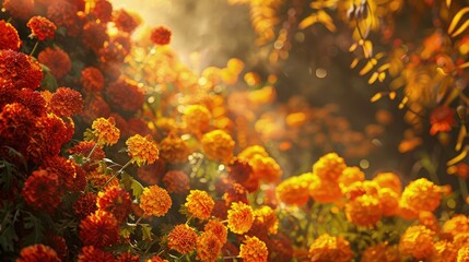 Fototapeta premium An autumnal scene with a backdrop of golden marigolds and rich chrysanthemums, suggesting a warm, smiling presence enjoying the crisp fall air.