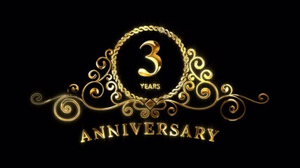 3rd Anniversary Celebration. Happy 3 Years Anniversary Animation in Gold Color on the Transparent Background, Alpha Channel. Great for greetings, celebrations, events, and gifts.