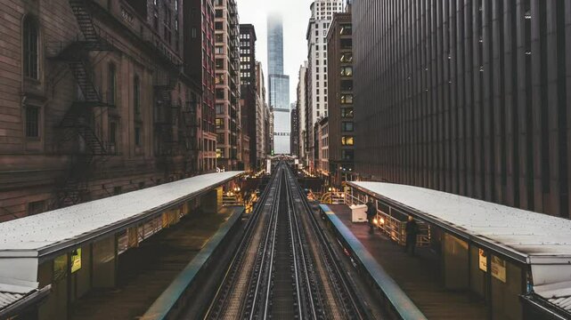 Trains Passing over the El Tracks in Downtown Chicago
