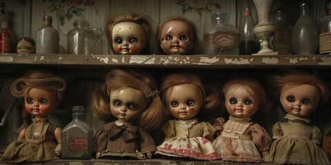 Fototapeta premium Creepy Vintage Dolls on Shelf