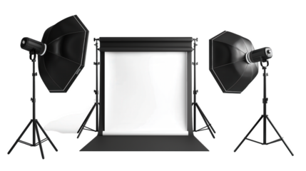 A professional photography studio setup with a white backdrop and illuminated by softbox lights, ready for a photoshoot.