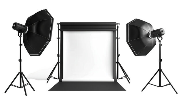 A professional photography studio setup with a white backdrop and illuminated by softbox lights, ready for a photoshoot.