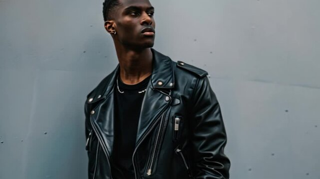 A classic black leather jacket meticulously crafted, worn by a model with a confident attitude, reflecting boldness and power
