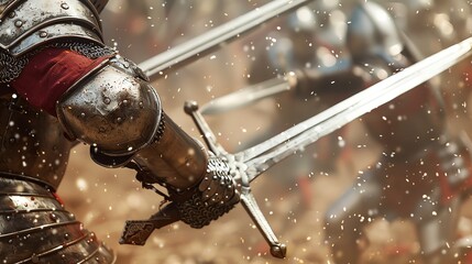 Close-up of medieval knights in heavy armor engaging in a fierce sword fight on a battleground, with sparks flying.