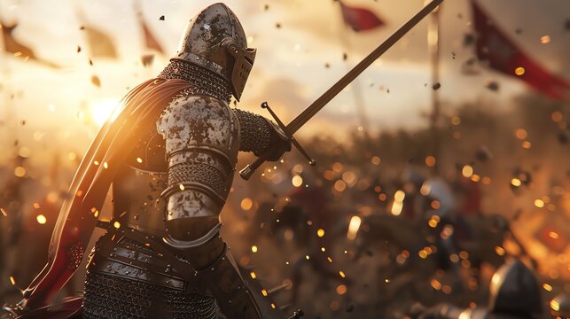 Epic medieval battle scene with armored knight wielding sword in the midst of chaotic war, flags waving under the sunset sky.