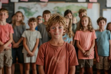Fototapeta premium A young boy stands confidently at the front of a classroom, surrounded by classmates, exuding leadership and poise, with a world map on the wall behind.