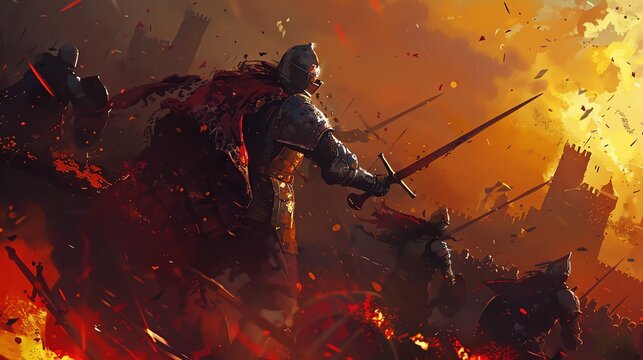 Epic medieval battlefield scene with knights in armor and swords clashing amidst flames and destruction, depicting intense historical warfare.