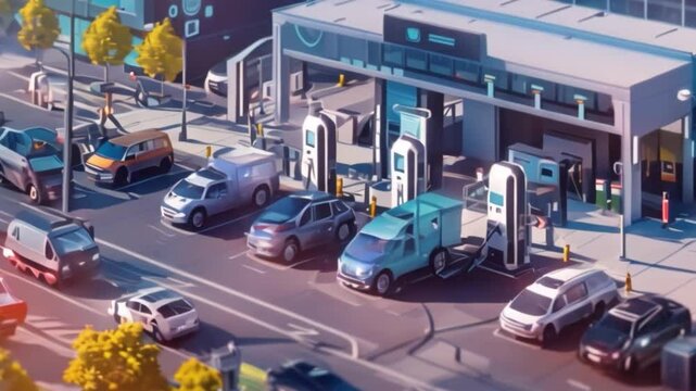 A bustling hydrogen fueling station, where vehicles of all shapes and sizes are being refueled with clean, renewable energy